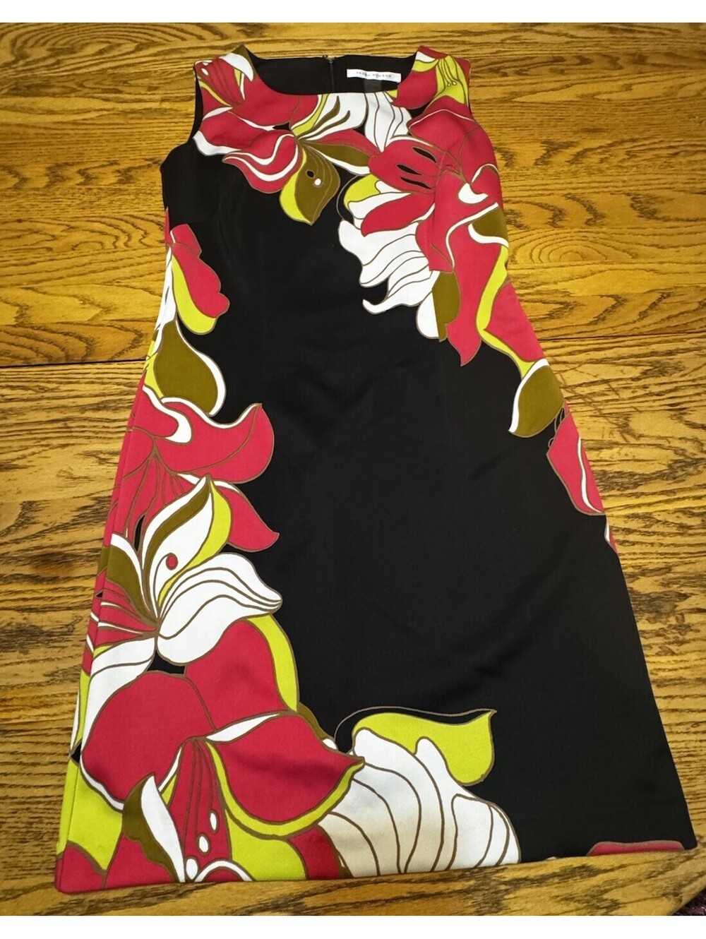 Peter Nygard Womens 8 Black Pink Floral Sleeveless Shift Dress Stretch 37.5”